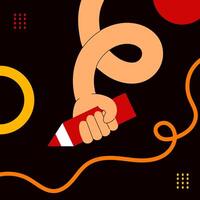 Abstract human hand with pencil and geometric shapes. illustration on dark background vector