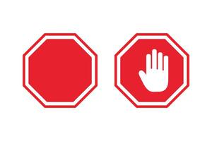 Stop sign with forbidden symbol, warning icon. Red octagonal stop sign with hand. No entry stop hand symbol. vector