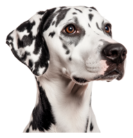 A close-up view of a Dalmatian dog in bright light png