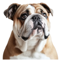 A close-up view of a curious Bulldog indoors png