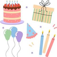 Colorful birthday celebration elements with cake, balloons, and candles displayed together vector