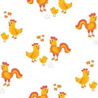 Colorful farmyard poultry pattern with chickens and roosters on a white background vector