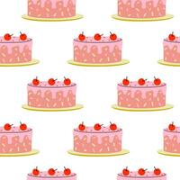 Colorful dessert pattern featuring pink cakes with cherries on top against a white background vector