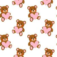 Cute brown teddy bears holding pink hearts create a playful repeating pattern vector