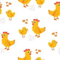 Bright yellow chickens and chicks in a playful pattern on a white background vector