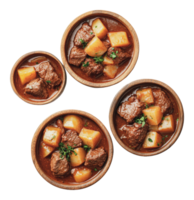 Hearty beef stew with potatoes in rustic bowls png