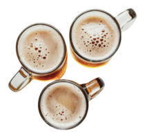 Three filled beer mugs with frothy tops on a table png