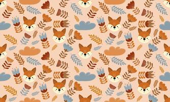 hand drawn cute fox and flowers for pattern a fabric and light brown background designs vector