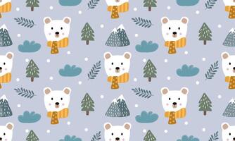 pattern hand drawn designs with white bear,snow,tree,leave on light gray background , design for fabric or various pattern printing works. vector