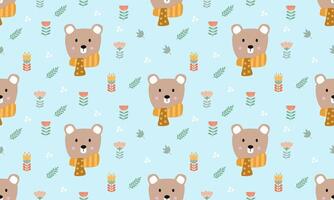 pattern hand drawn designs with cute brown bear,snow,flowers,leave on light blue background , design for fabric or various pattern printing works. vector