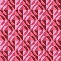 Retro-inspired geometric pattern with interlocking circles and squares in pink and red shades. Seamless design for wallpapers, fabrics, packaging, web backgrounds, or digital art projects. vector