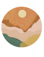 A circular bohemian abstract landscape painting with a vibrant sunset, rolling hills, and a touch of geometric lines. png