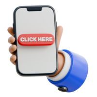 3D Hand Holding Smartphone with a click here button Icon png