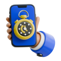 3D Hand Holding Smartphone Showing Countdown Timer Icon png