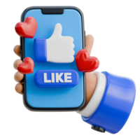 3d mano participación teléfono inteligente con me gusta botón en pantalla icono png