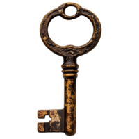 old rusty key . Old antique key with intricate design top view . antique key with rustic metallic finish flat lay isolated png