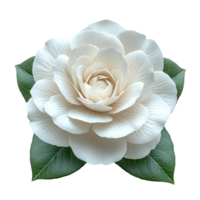 White camellia flower top view , flat lay design, isolated on transparent background. Elegant camellia flower with green leaves png