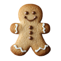 Simple gingerbread man , top view.. Classic gingerbread cookie with minimal decoration, featuring a smiling face and icing details. Gingerbread man for Christmas flat lay png