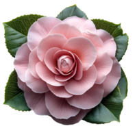 Pink camellia flower top view , flat lay design, isolated on transparent background. Elegant camellia flower with green leaves png