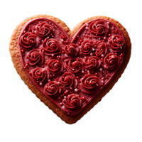 heart shaped cookie with red frosting on top . Heart shaped sugar cookie for Valentine's Day top view . Valentine day biscuit flat lay isolated png