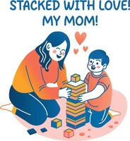 A flat sticker of a kid playing stack game with his mom vector