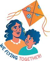 A flat sticker of a mother and child with we flying together typography vector