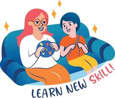 A flat sticker of mother teaching knitting to his child with learn new skill typography vector