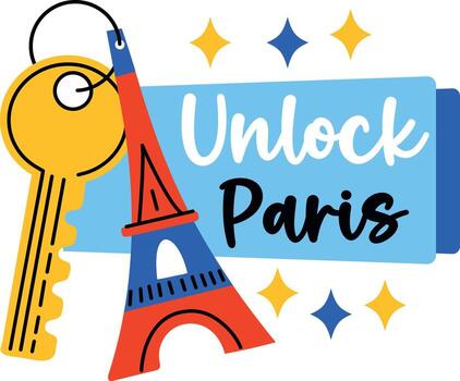 eiffel llavero con desbloquear París texto, plano pegatina vector