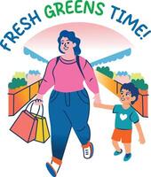 A flat sticker of a mother and child going for grocery shopping vector