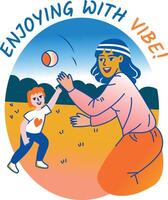 A flat sticker of mother and child playing together vector