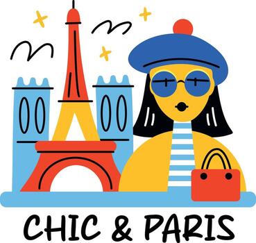 París turista en pie en frente de eiffel torre con elegante y París texto, plano pegatina vector