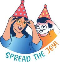 A flat ticker of a mother and child wearing party caps with spread joy typography vector
