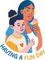 A flat sticker of mother and child eating ice cream with having fun day typography vector