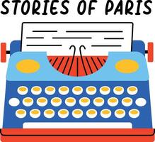 Typewriter machine with stories of paris text, flat sticker vector