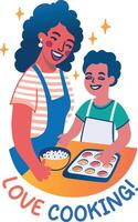 A flat sticker of a mother and child with love cooking typography vector