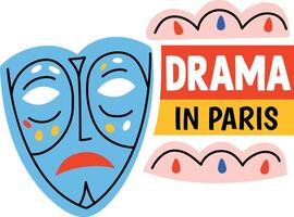 Opera mask with drama in paris text, flat sticker vector