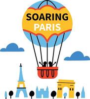 Hot air balloon with spearing paris text, flat sticker vector