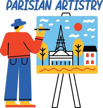 hombre pintura eiffel torre ver con parisino arte texto, plano pegatina vector