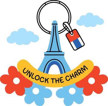 eiffel llavero con desbloquear el encanto texto, plano pegatina vector