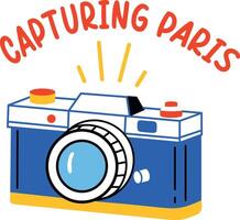 Digital camera with capturing paris text, flat sticker vector