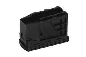 A black polymer magazine for a .223 caliber rifle, featuring a compact design with a grid pattern on the side. photo