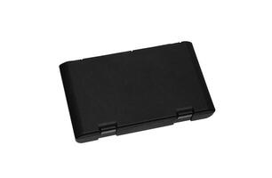 A black, rectangular, closed plastic case with hinges, isolated on a white background photo