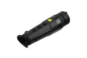 Thermal imaging monocular with lens cap, black body, multiple control buttons, and ergonomic design, ideal for night vision and outdoor activities. Isolate on white back photo