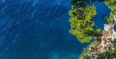 A stunning view of a vibrant blue sea from a cliffside, with lush green trees and rocky terrain. photo