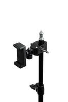 A black tripod stand with an adjustable clamp holder, suitable for holding devices like smartphones or cameras, isolated on a white back photo