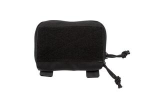 A black zippered case with a Velcro patch on the front, featuring two loops at the bottom and drawstrings on the side, isolated on a white back photo