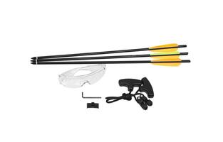 Archery set with three arrows, safety glasses, a release aid, an Allen wrench, and a small black component, isolated on a white background. photo
