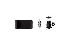 A smartphone holder with a tripod adapter and a ball head mount, useful for photography and videography setups, isolated on a white back photo