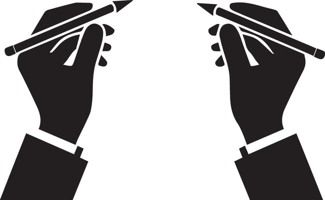 Two hands holding a pencil and a pen
