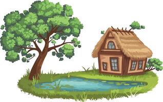 A small house with a pond and tree vector